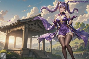 A woman in a purple dress is standing in front of a pagoda.