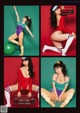 A group of four pictures of a woman in a red bodysuit.